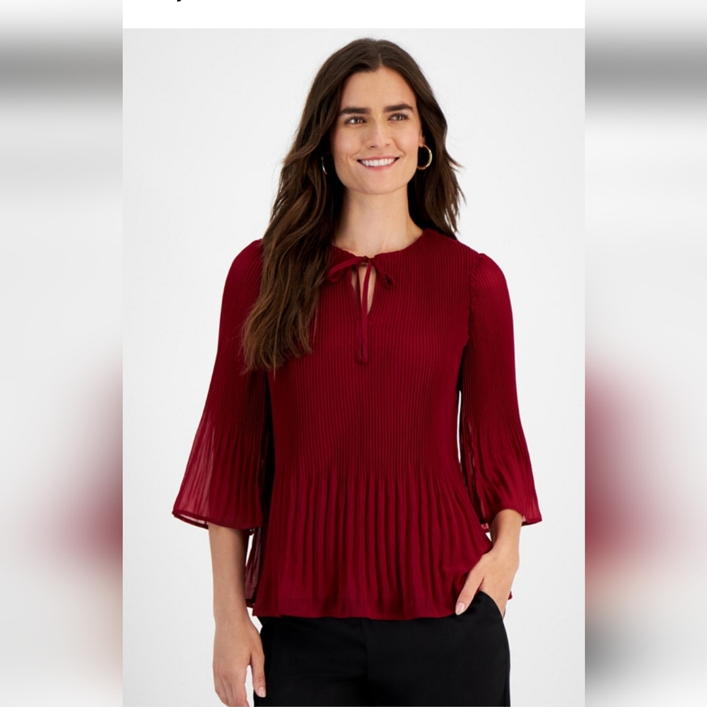 JM Collection Rich Red Pleated Blouse